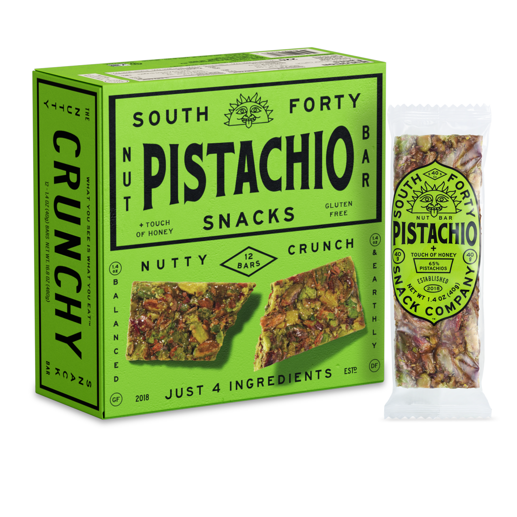 South Forty Pistachio Snacks Crunchy Nut Bar 12-Pack packaging with individual pistachio snack bar, gluten-free honey pistachio snack bars made with just 4 ingredients, healthy high-protein nut snack box, natural pistachio energy bars on transparent background