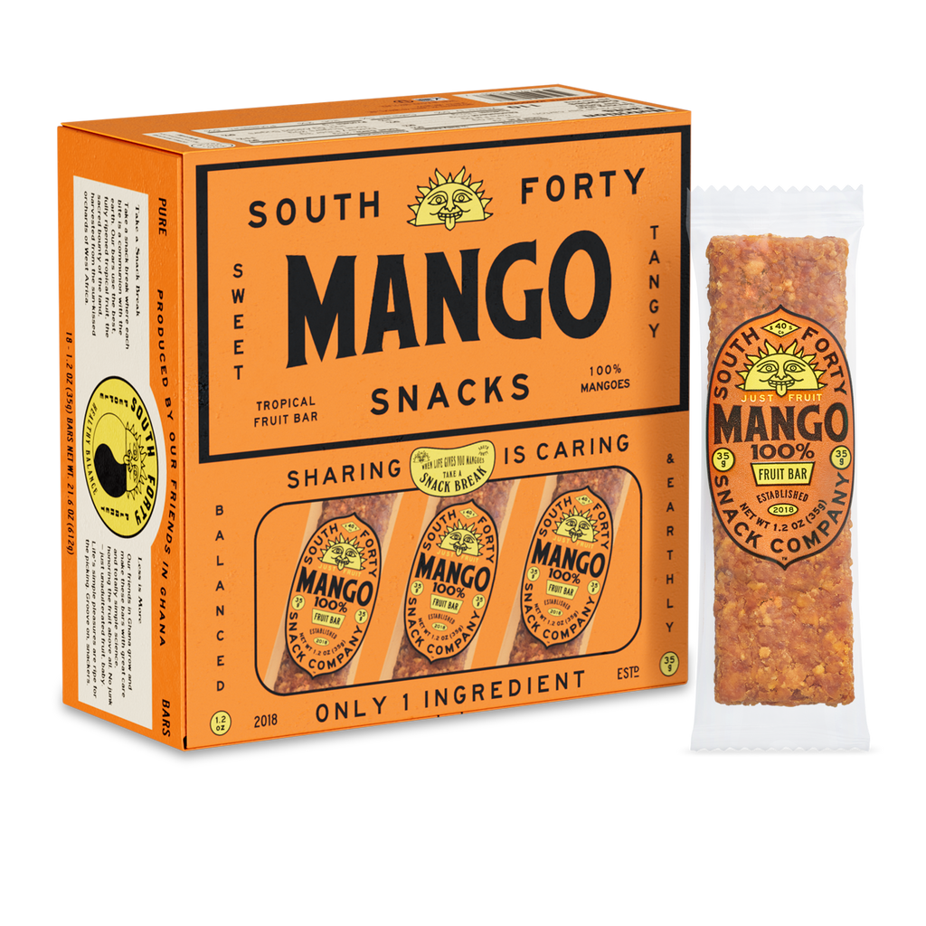 South Forty Mango Snacks 18-Pack box with individually wrapped 100% mango fruit bars, tropical dried mango snack bars made from one ingredient, healthy vegan gluten-free fruit snacks from Ghana and Ivory Coast, natural mango snack packaging on transparent background.