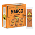 South Forty Mango Snacks 18-Pack box with individually wrapped 100% mango fruit bars, tropical dried mango snack bars made from one ingredient, healthy vegan gluten-free fruit snacks from Ghana and Ivory Coast, natural mango snack packaging on transparent background.
