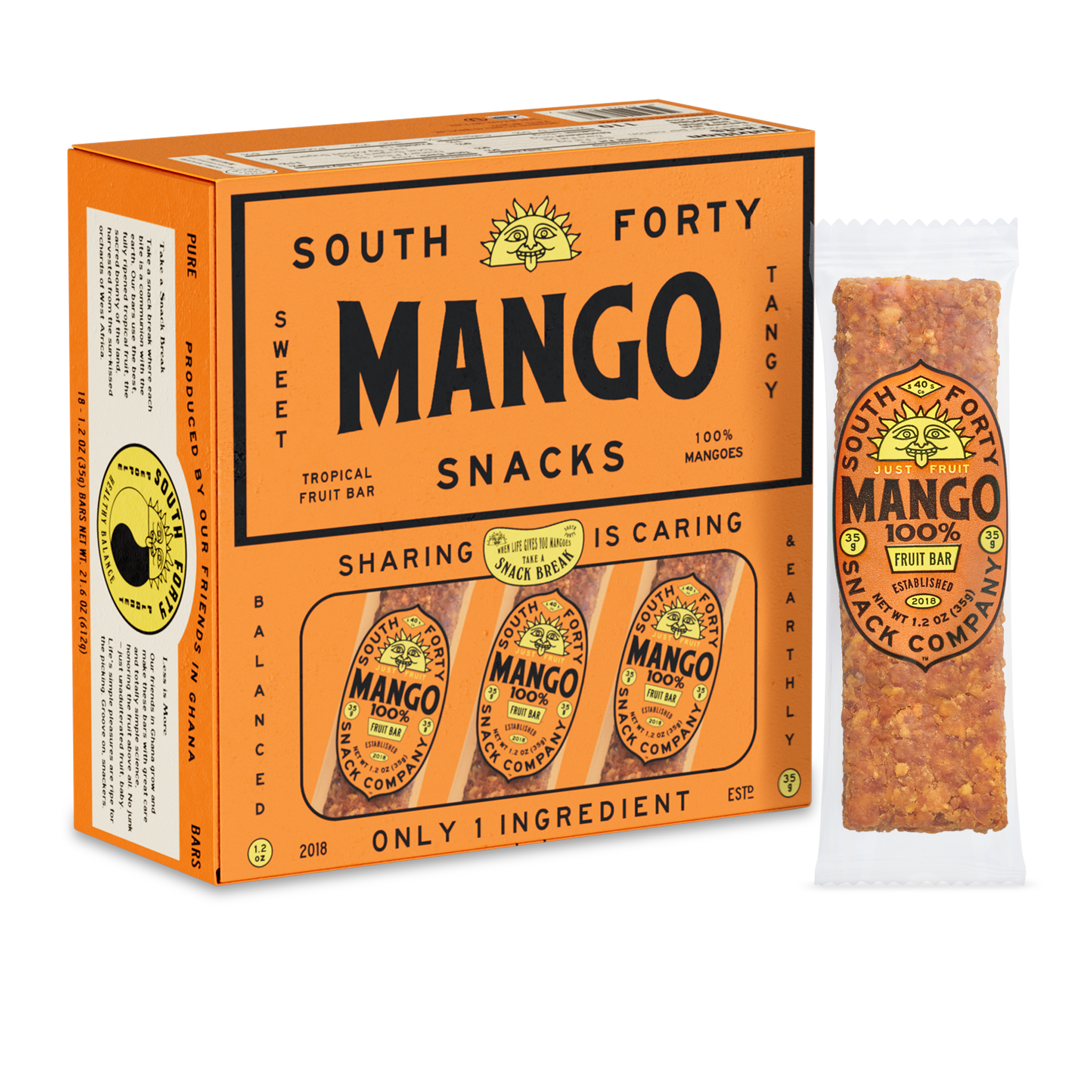 South Forty Mango Snacks 18-Pack box with individually wrapped 100% mango fruit bars, tropical dried mango snack bars made from one ingredient, healthy vegan gluten-free fruit snacks from Ghana and Ivory Coast, natural mango snack packaging on transparent background.