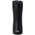 A black insulated travel tumbler with a flip-top lid by Perfect Shaker, shown on a plain white background.