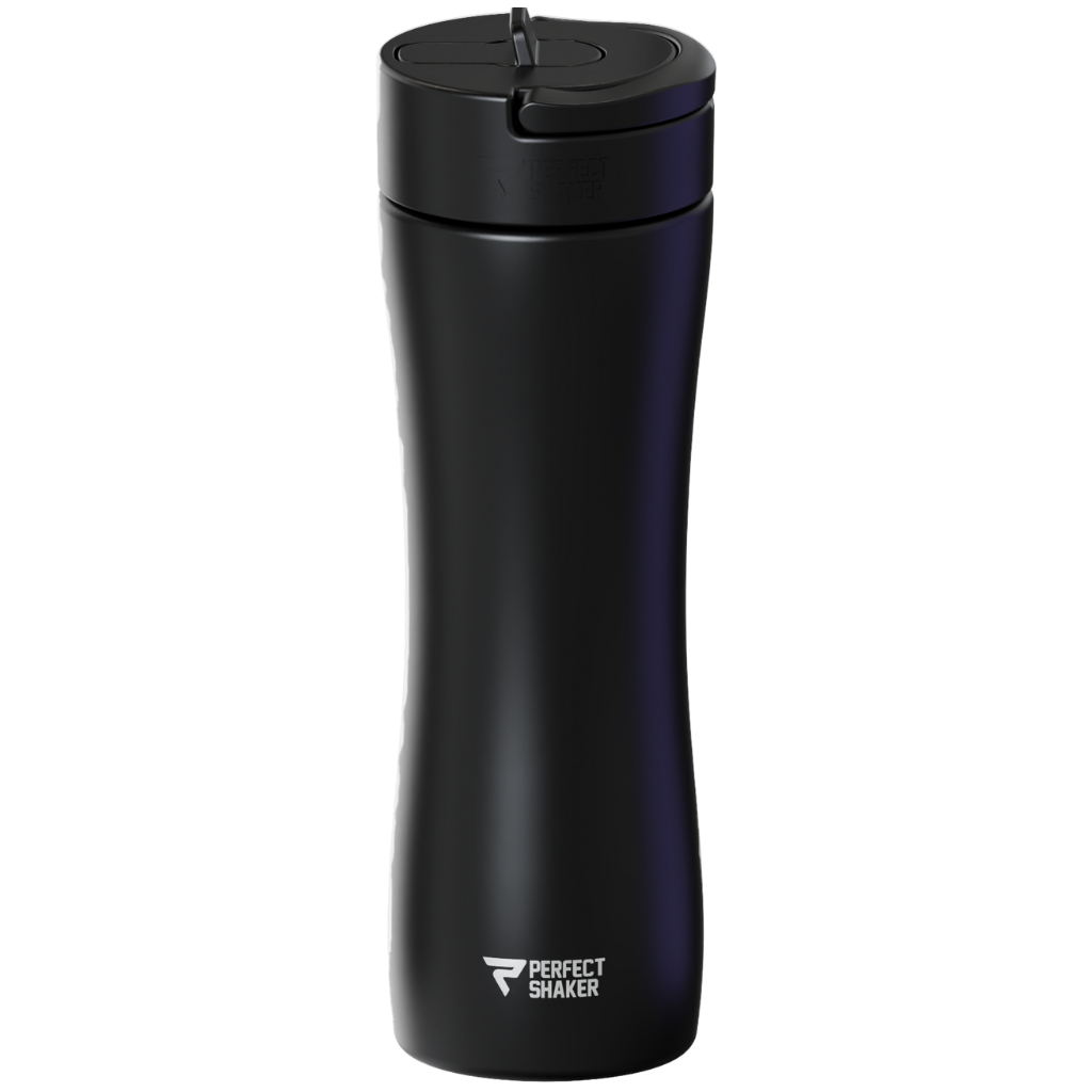 A black insulated travel tumbler with a flip-top lid by Perfect Shaker, shown on a plain white background.