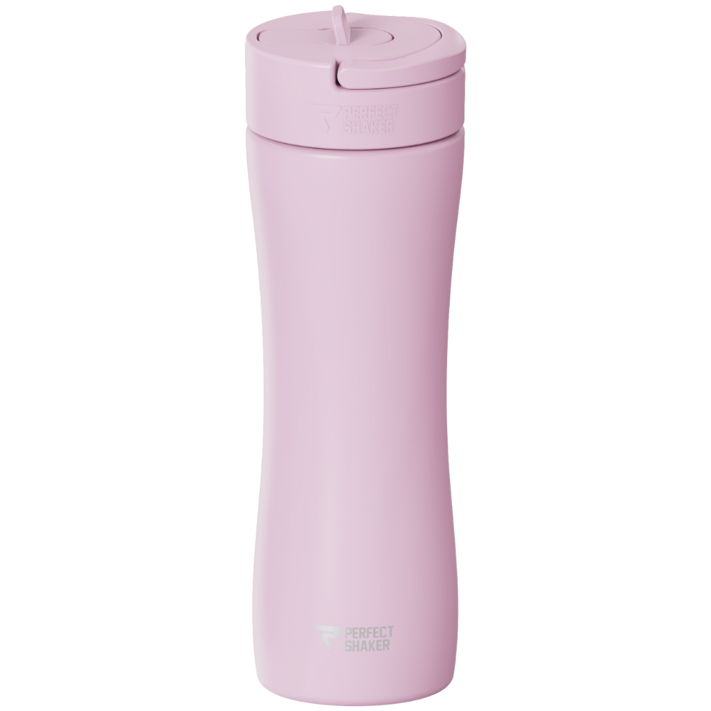 Pink tumbler with a white background