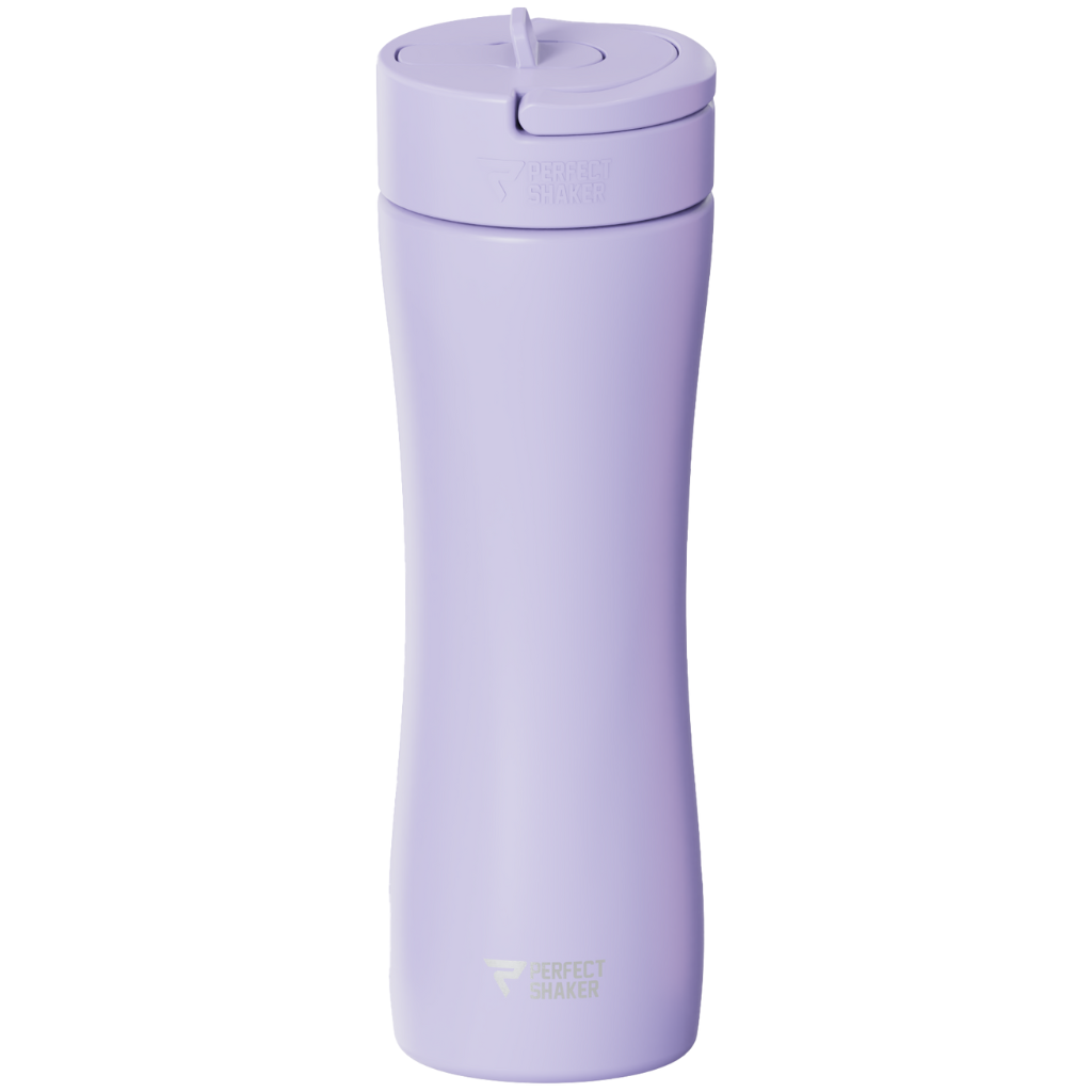 A light purple insulated water bottle with a matching lid, featuring the Perfect Shaker logo near the bottom, set against a plain white background.