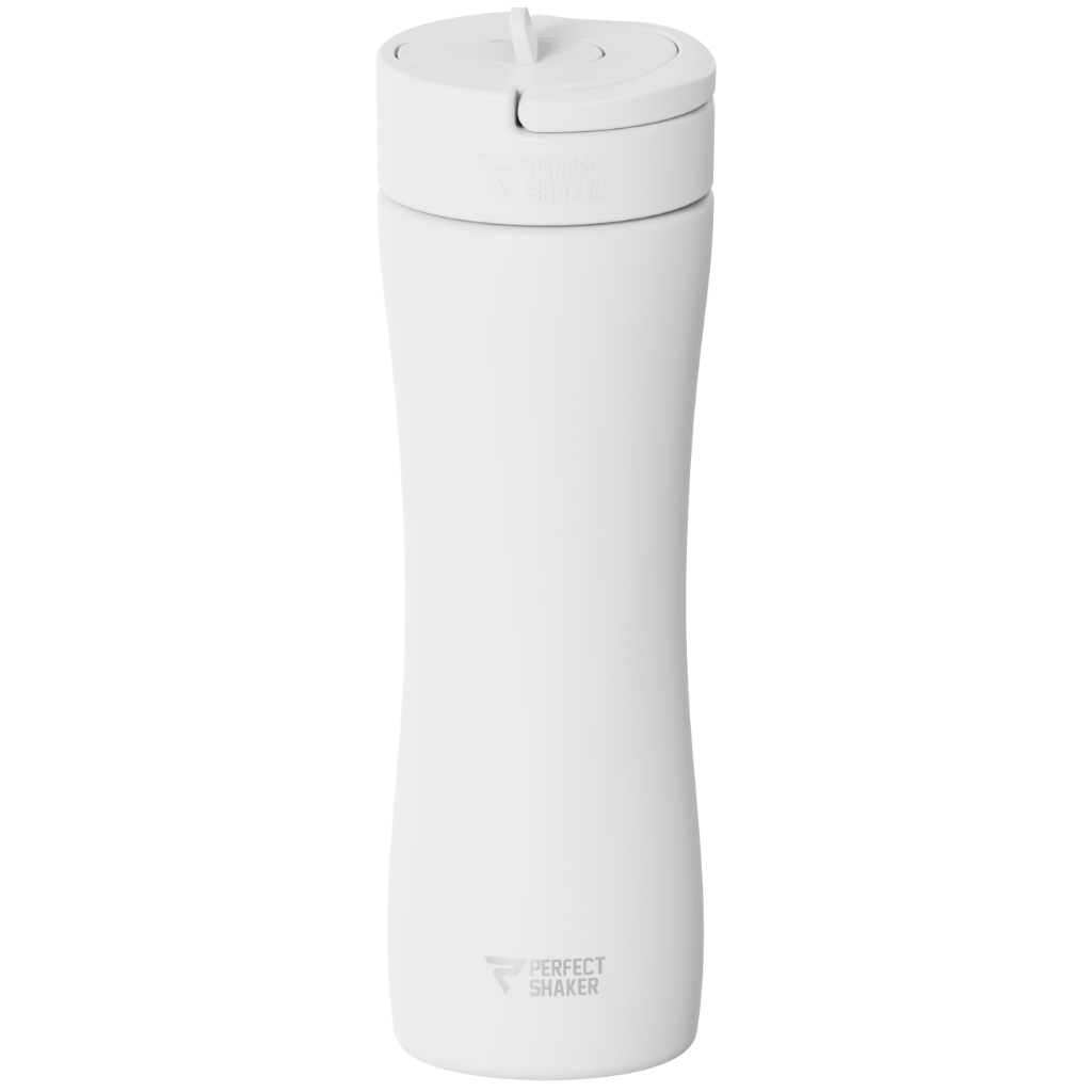 A white insulated travel tumbler with a matching white flip-top lid, featuring the 'PERFECT SHAKER' logo near the bottom, set against a plain white background.
