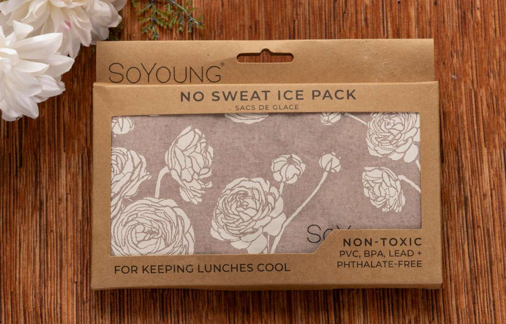 Soyoung No Sweat Ice Pack floral reusable lunch ice pack with blue floral pattern, non-toxic PVC BPA lead and phthalate-free, insulated cooling pack for lunches, picnics, school, work, meal prep, food storage and everyday cold therapy.