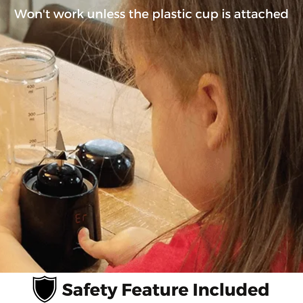 Child using Pro+ 17oz portable ice-crushing blender with safety cup attached, featuring built-in protection for smoothies, shakes and frozen drinks.