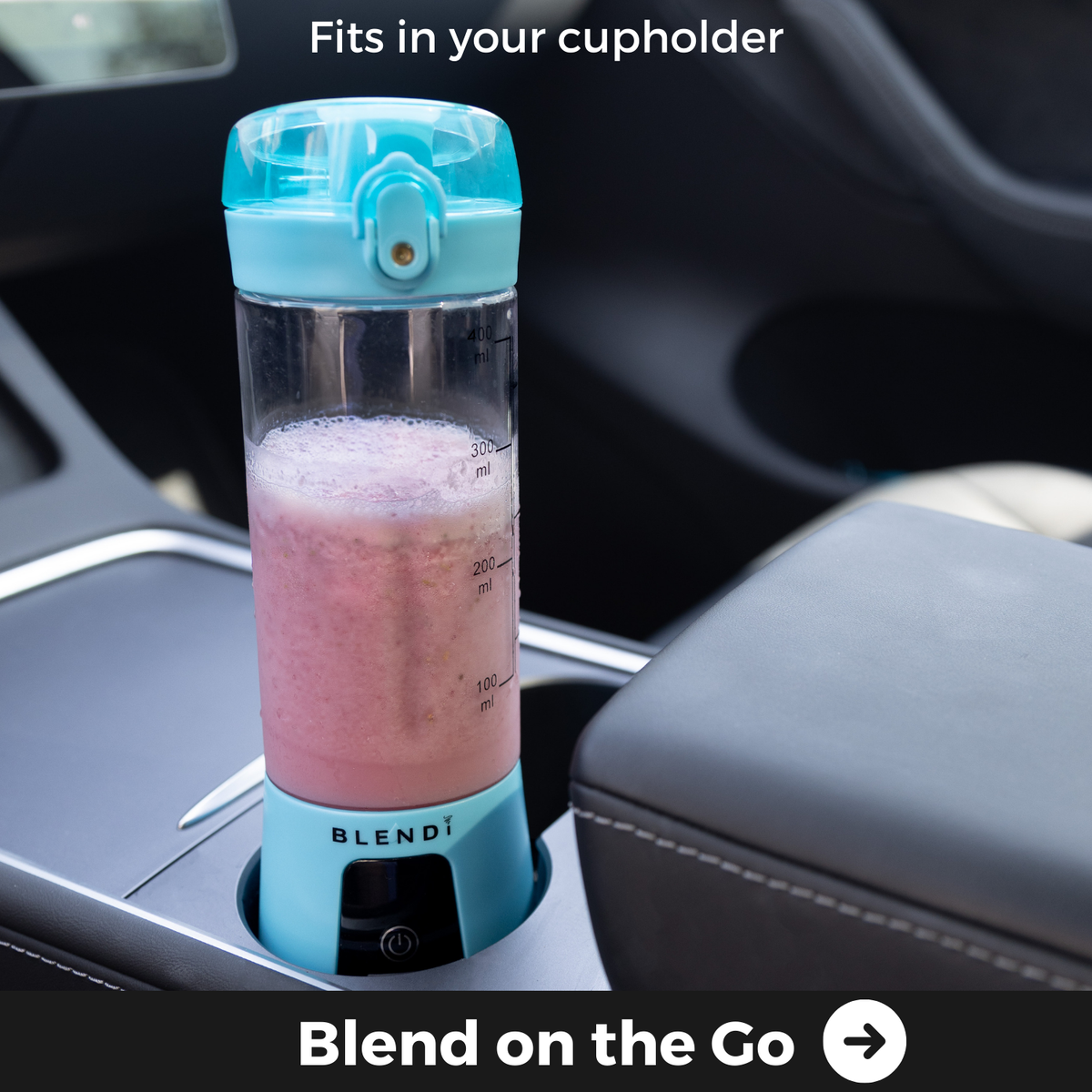 Pro+ 17oz portable ice-crushing blender with pink smoothie, compact cupholder-friendly design for smoothies, shakes and on-the-go blending.