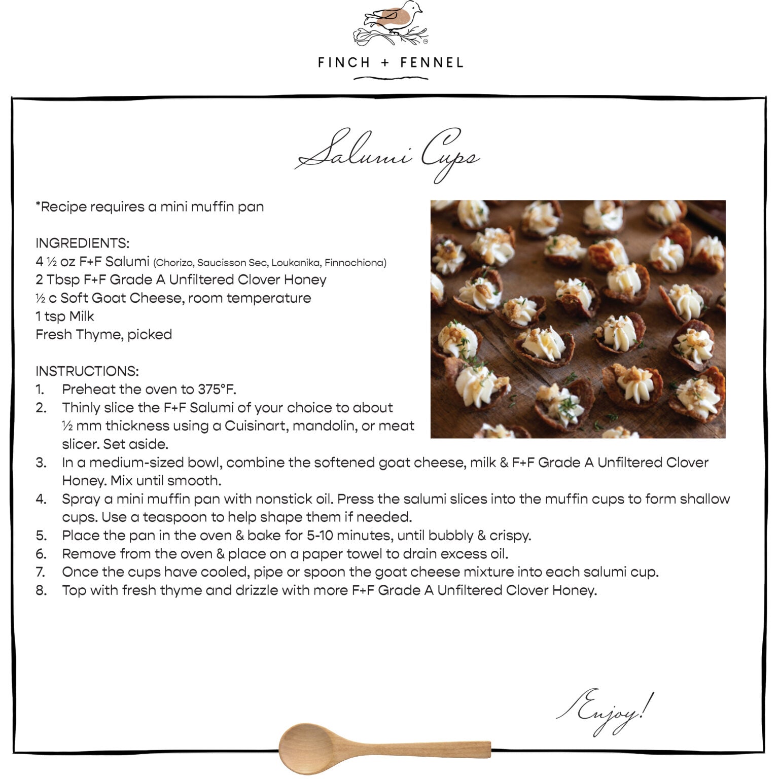 A recipe card for Salumi Cups from Finch + Fennel, featuring ingredients and step-by-step instructions alongside a photo of prepared stuffed salumi cups on a white background. French Saucisson Sec Salumi | Finch + Fennel