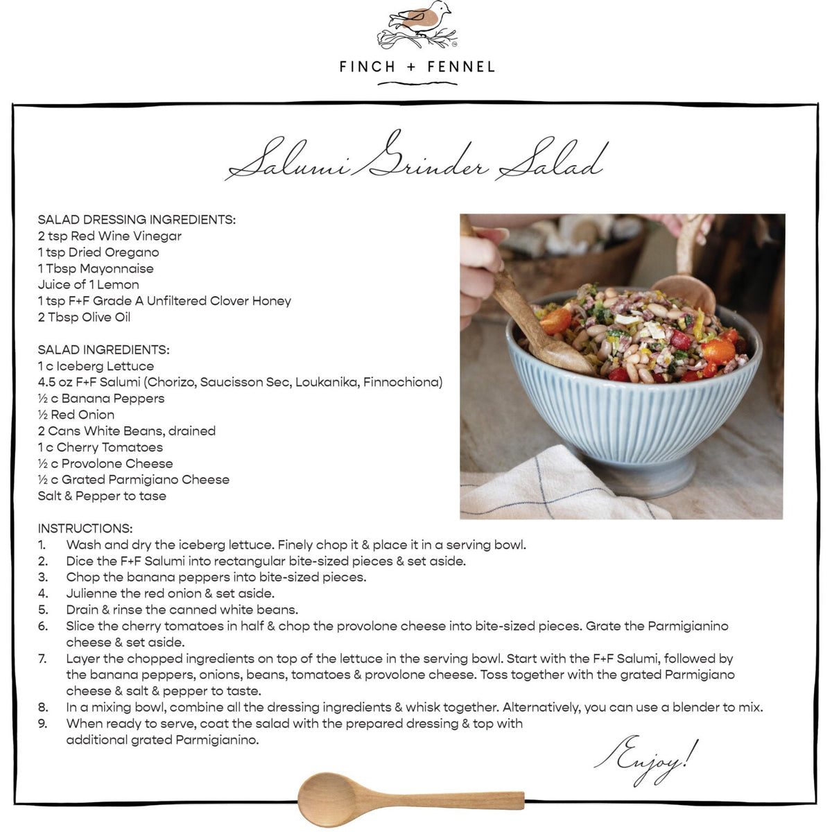 Salami Briner Salad recipe card with ingredients and instructions, featuring a photo of a salad bowl. French Saucisson Sec Salumi | Finch + Fennel