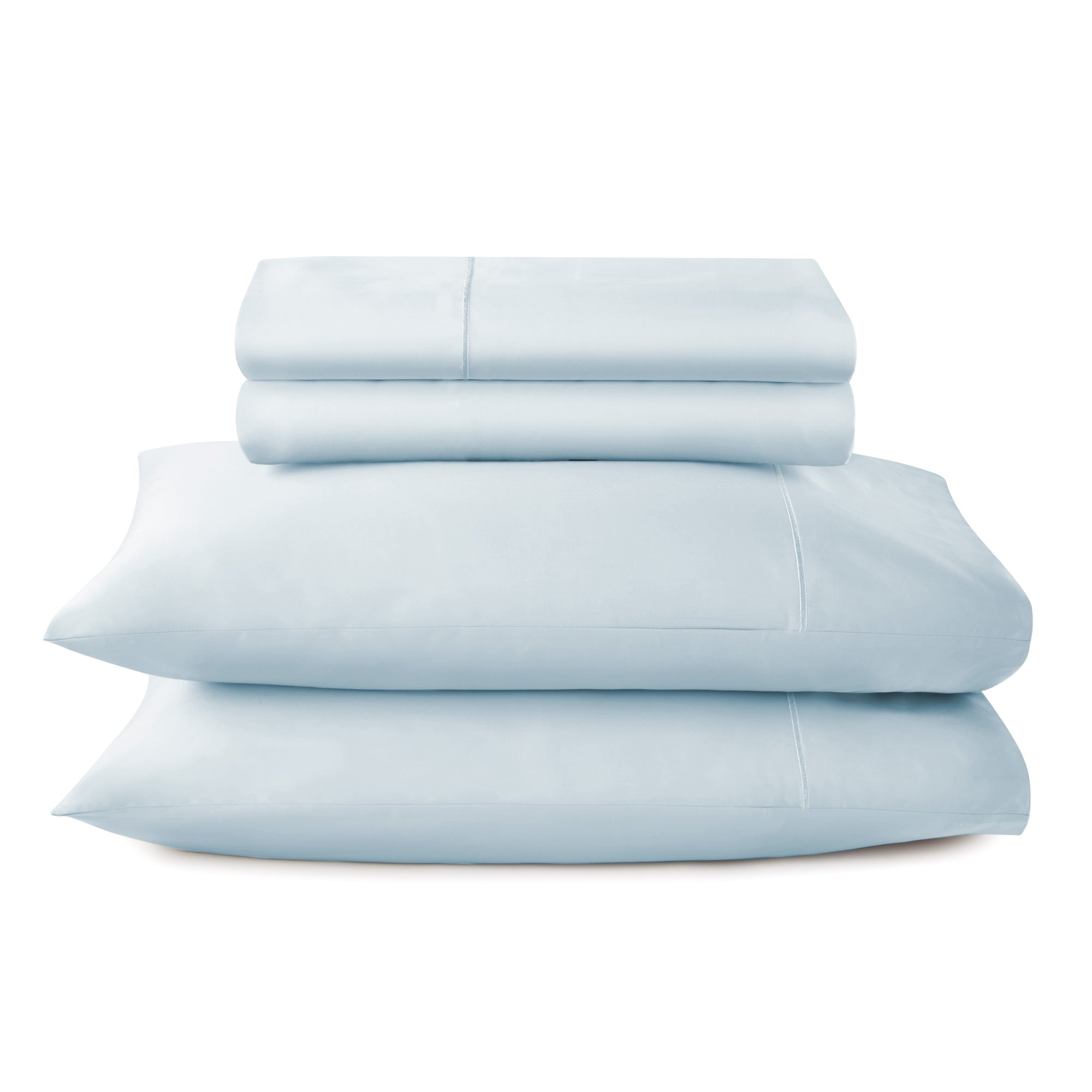 Stack of light blue bedding sheets on a white background. 100% GOTS-Certified &amp; Fairtrade-Certified Organic Cotton
Made in India
High quality, dense 500-thread-count sateen weave becomes luxuriously soft with washing
Durable elastic band
Non-toxic, hypoallergenic, naturally breathable, and cooling
16" deep pocket, ideal for plush mattresses
Easy Care, Machine Wash and Tumble Dry