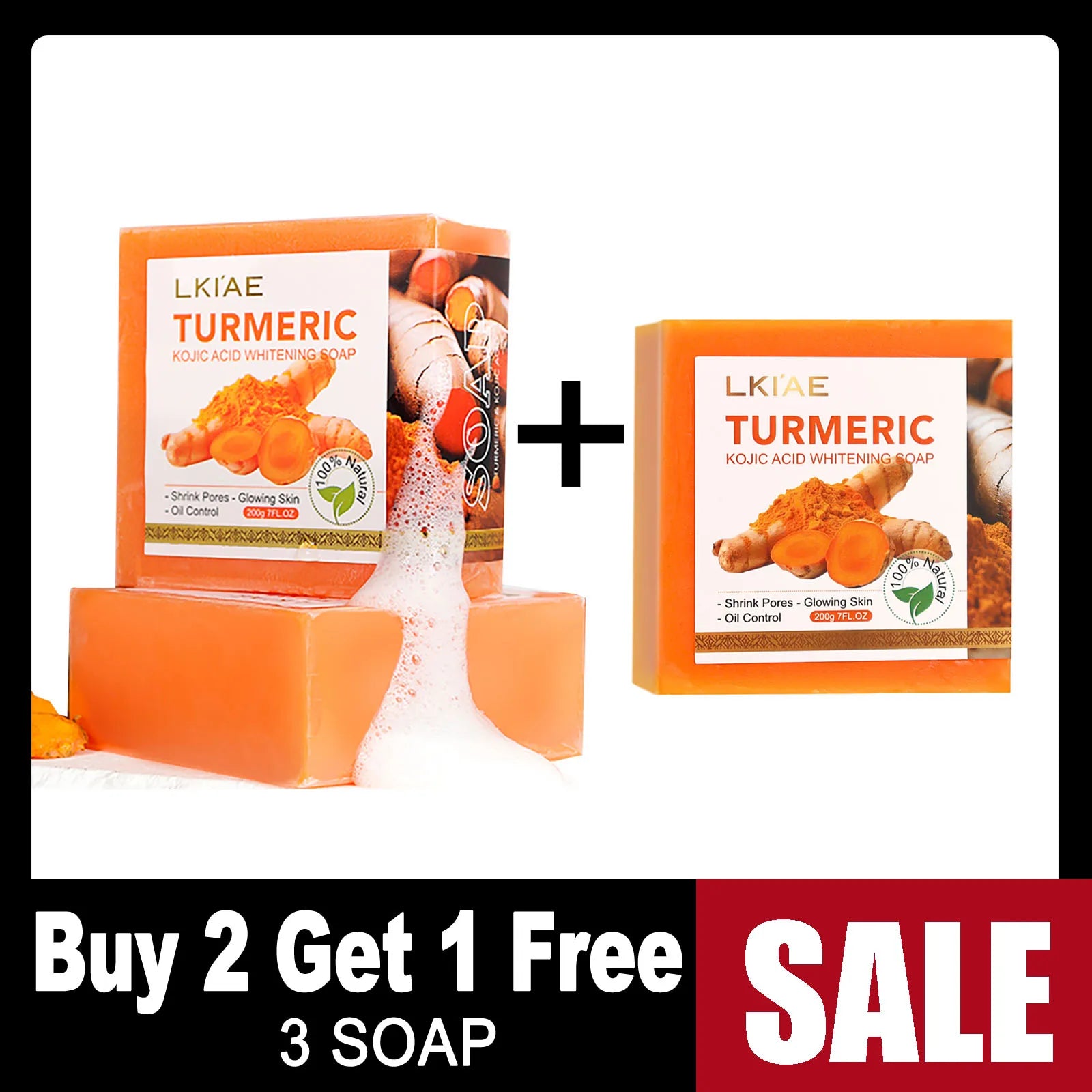 LKIAE Organic Turmeric Soap Bar, Natural Herbal Hand Made Whitening Soap, Remove Melanin, Acne, Spots, For Face And Body,200g