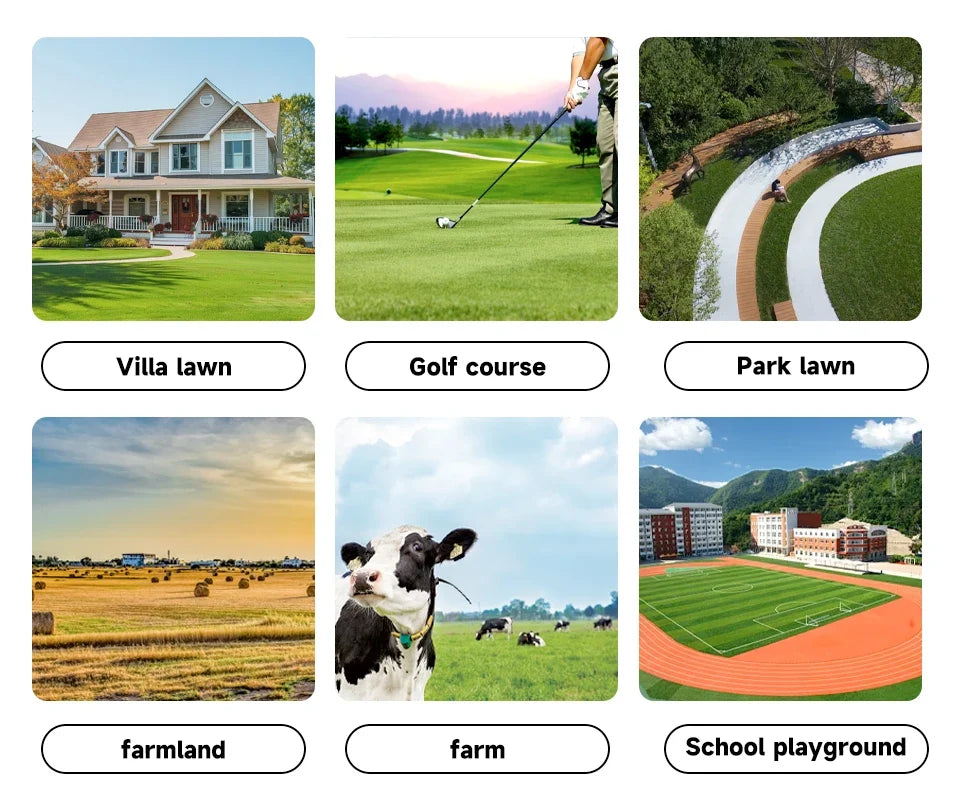 A collage of six labeled landscape and outdoor scenes: Villa lawn, Golf course, Park lawn, farmland, farm, and School playground, arranged in a 2x3 grid on a white background.