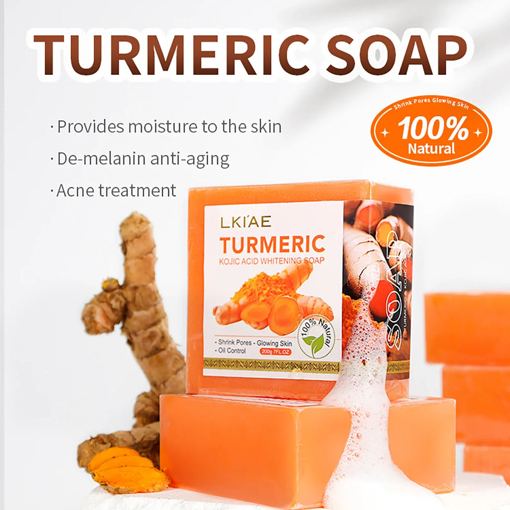 LKIAE Organic Turmeric Soap Bar, Natural Herbal Hand Made Whitening Soap, Remove Melanin, Acne, Spots, For Face And Body,200g