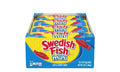 Box of 24 individually wrapped Swedish Fish Mini soft and chewy candy bags (2 oz each) displayed in a retail-ready blue and yellow cardboard display box on a white background.