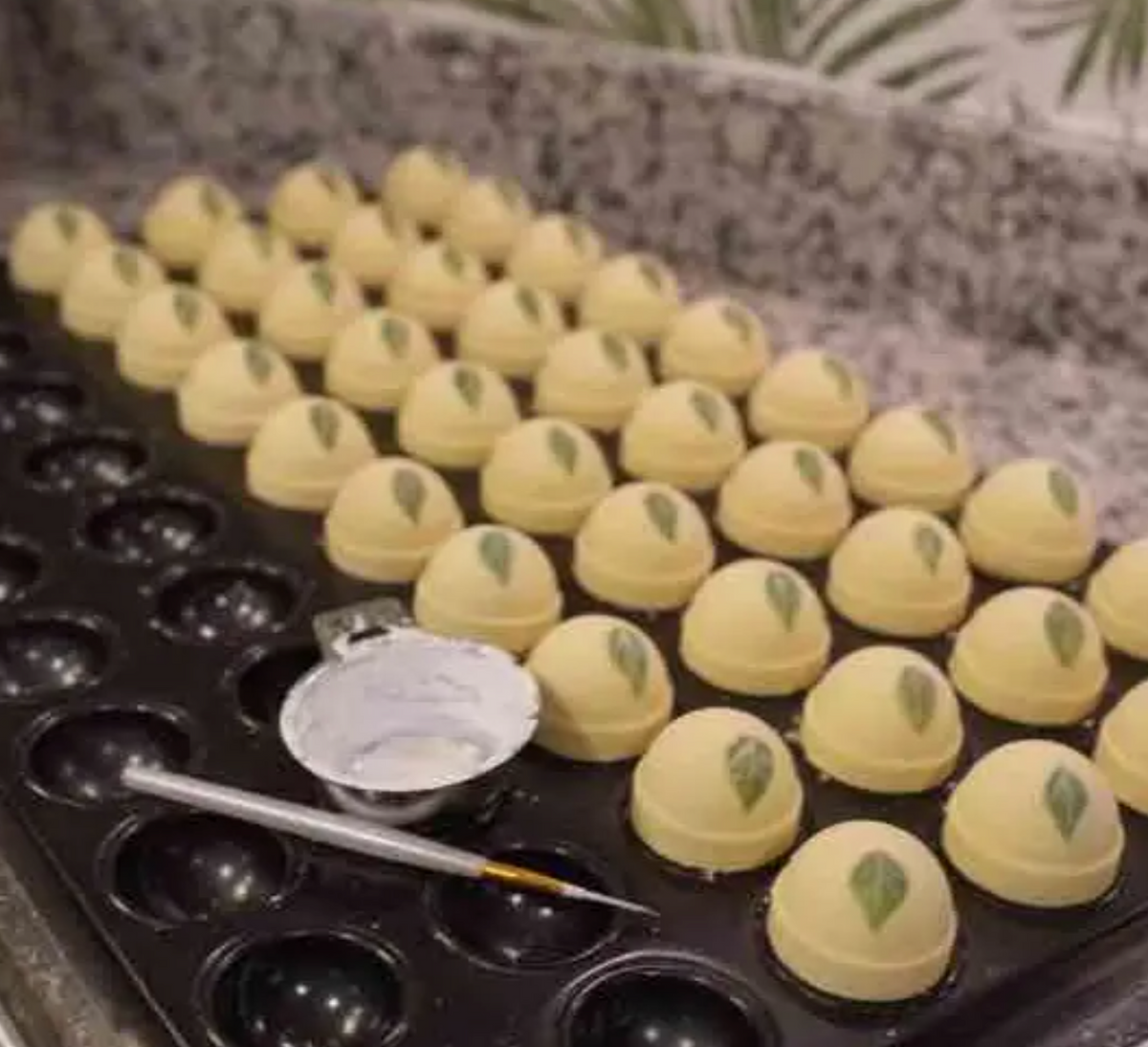 Mini bath bombs with pistachio and olive leaf design, handcrafted aromatic bath fizzers for relaxing spa baths, skincare, self-care and gifts