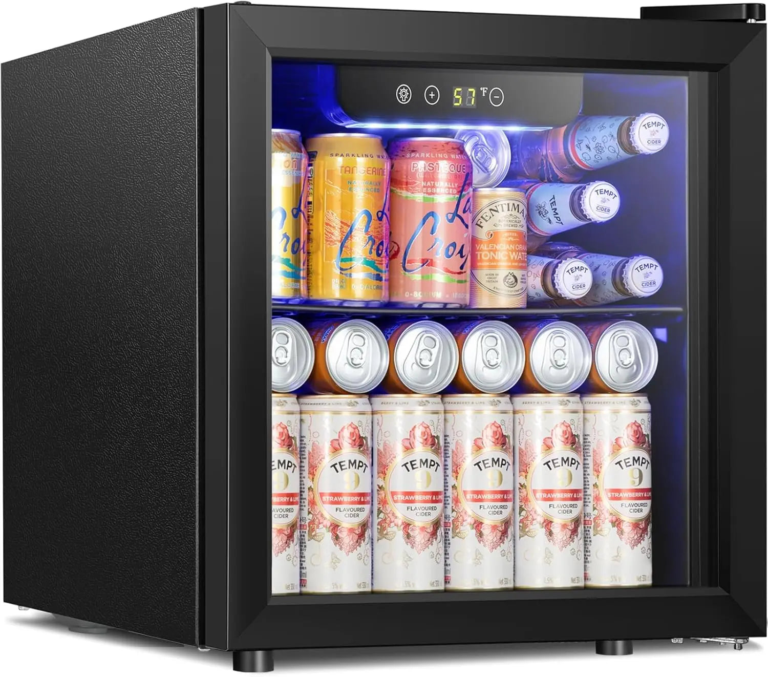 Black mini refrigerator with various drinks inside, including beer and soft drinks.