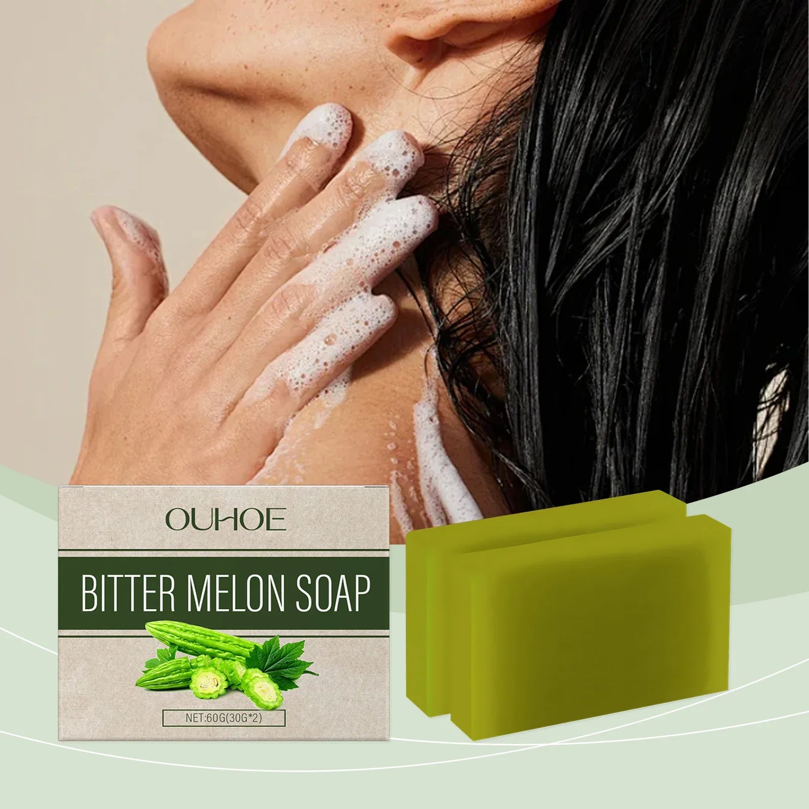 OUHOE Herbal Bath Soap with Bitter Melon: Deeply Clean Pores, Balance Water & Oil, Soothe Skin, Fresh Aroma