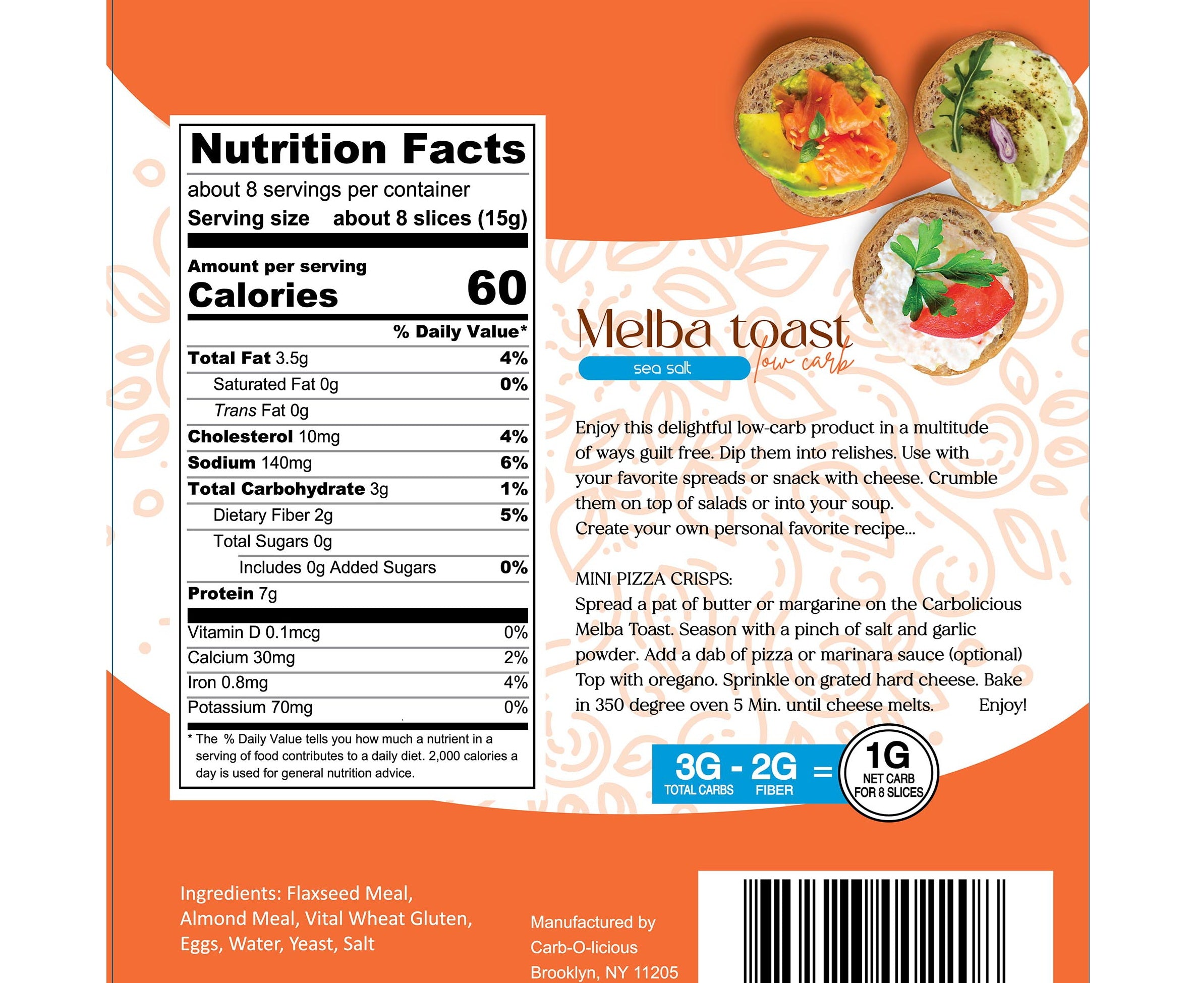 Carbolicious Melba Toast Low-Carb Sugar Free (Sea Salt) KETO Snack, 4oz - 1 Pack. Only 1 Carb for 8 Slices!