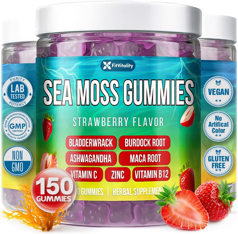 Sea moss gummies container with strawberry flavor, labeled 'FitVitality', on a white background. FitVitality Sea Moss Gummies | Strawberry Flavor Vegan Gummies | Extra Rich 9-in-1 Formulation with Irish Sea Moss, Elderberry, Bladderwrack, Burdock, Ashwagandha, Maca, Zinc, B12 | Energy & Immune Support