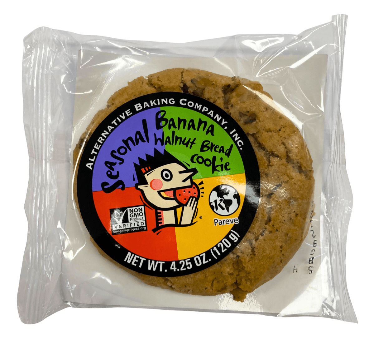 Seasonal Banana Walnut Bread Cookie individually wrapped in clear packaging with a colorful label on a transparent background.