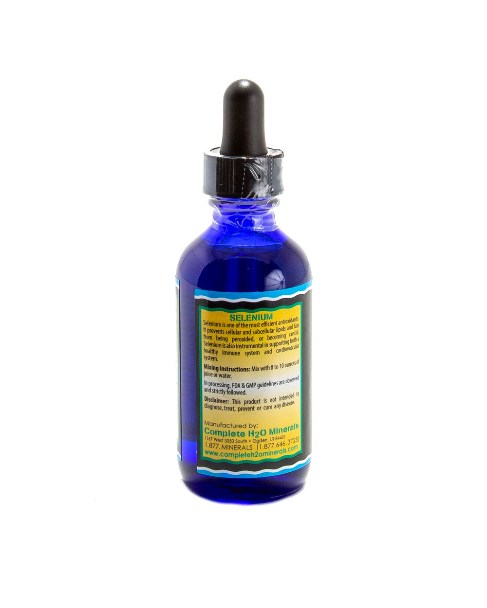 Blue glass bottle with a dropper on a white background