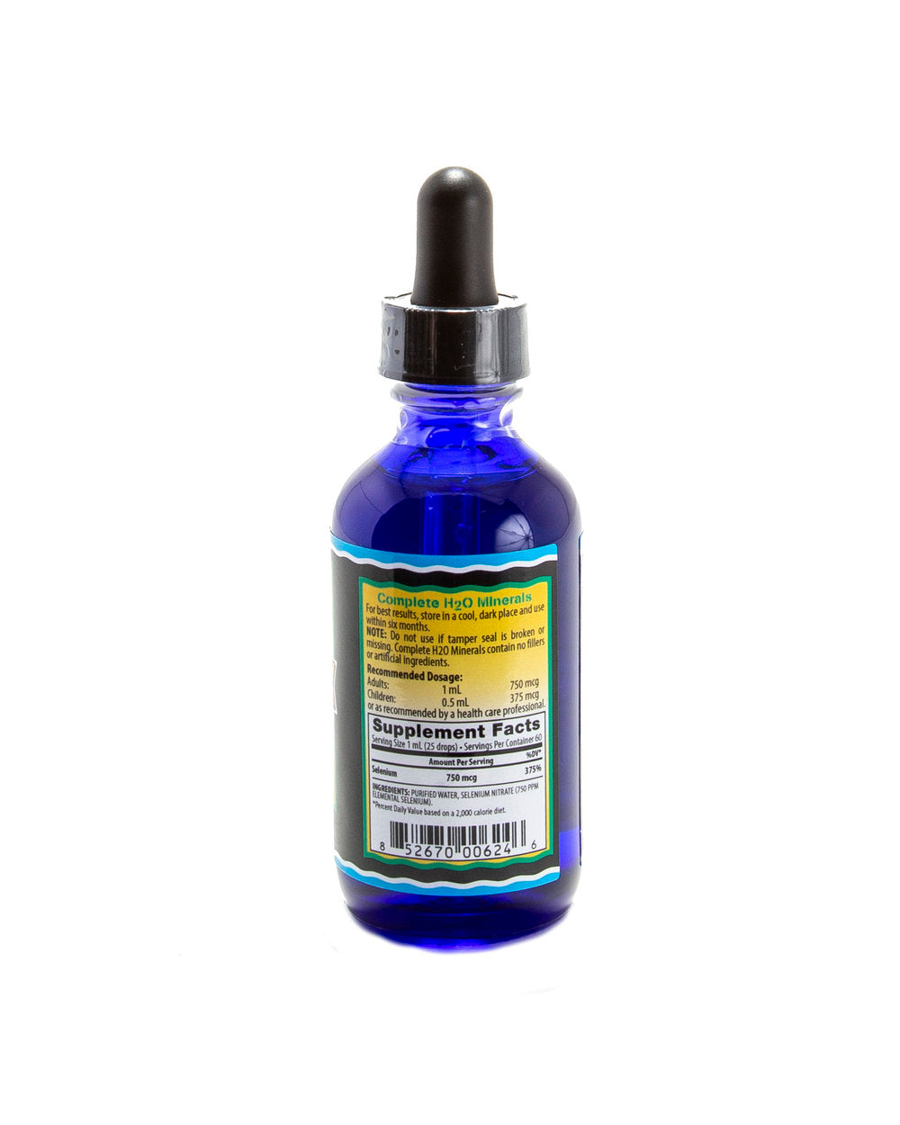 Blue glass dropper bottle with label on a white background
