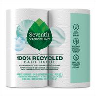 Seventh Generation Bath Tissue Toilet Paper 2-Ply made from 100% recycled paper, eco-friendly toilet tissue rolls with soft, strong, septic-safe bathroom tissue in white packaging.