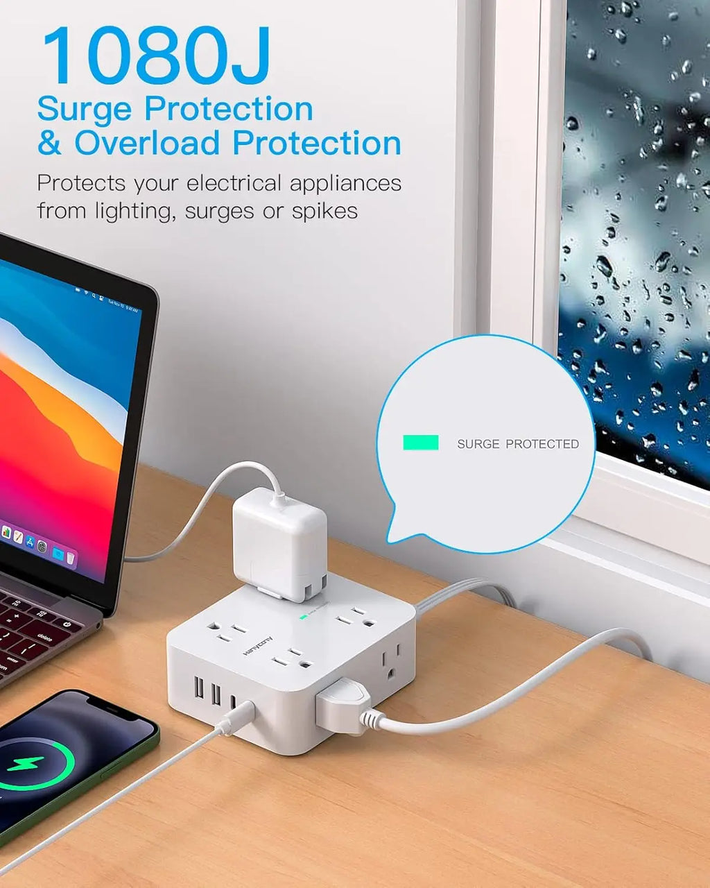 Surge protector with multiple outlets and USB ports on a desk, connected to a laptop and phone, with '1080J Surge Protection & Overload Protection' text. Surge Protector Power Strip with 8 Outlets and 4 USB Ports, Ultra Thin Flat Plug for Home Office Dorm Essentials. This power strip has 8 AC Outles, 2 USB-A Ports, 2 USB-C Ports, ON/OFF Switch, Surge Protection, 2.2 IN Wide Space, Flat Plug, Wall Mount with a warranty and ETL Listed credentials. 