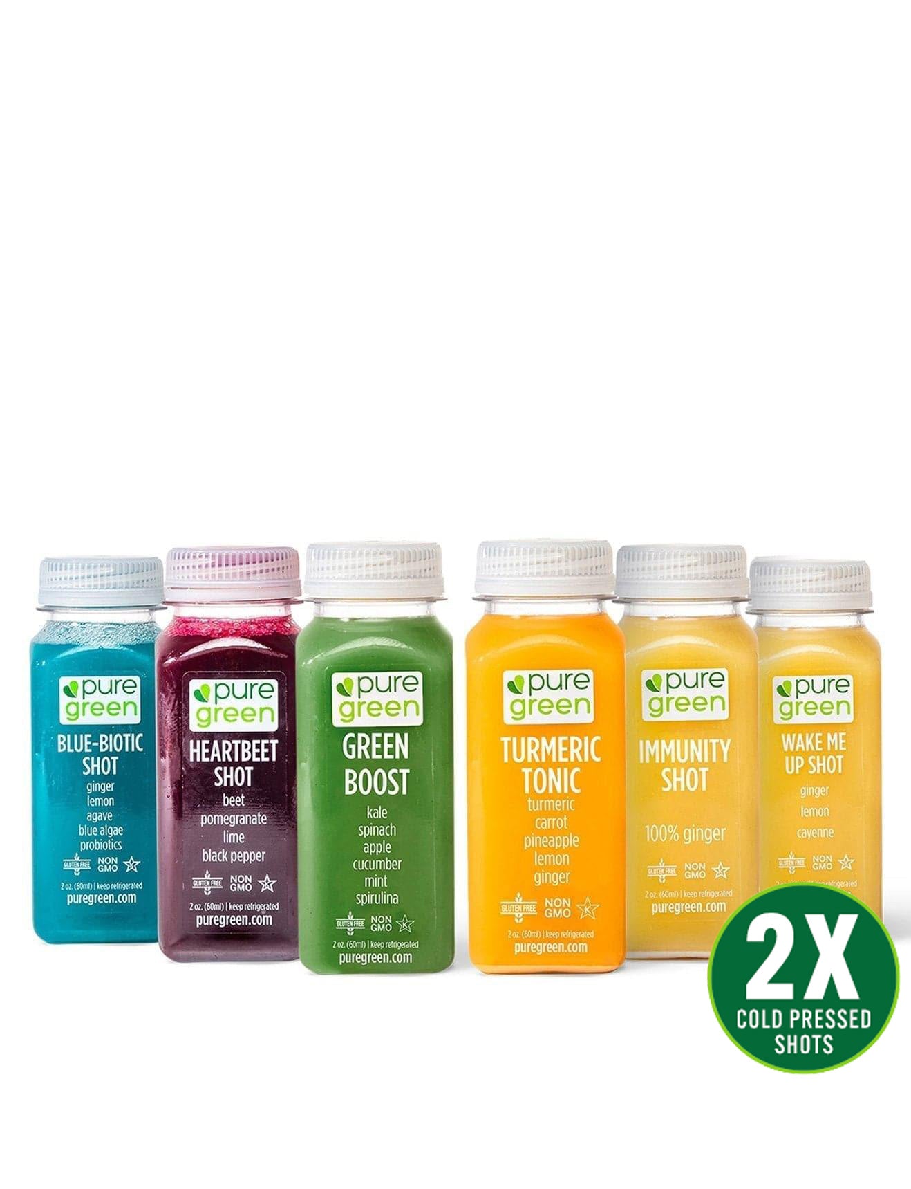 Assorted bottles of pure green juice shots on a white background. Pure Green's Shot Variety Pack is twelve 2oz HPP cold-pressed shots — two each of all six Pure Green shot formulas: Immunity, Heartbeet, Turmeric Tonic, Green Boost, Wake Me Up, and Blue Biotic.

This is the smart way to build a daily shot routine: try all six, identify which formulas your body responds to most, and then subscribe to your favorites. Or keep the variety pack on rotation and cycle through all six for full support.