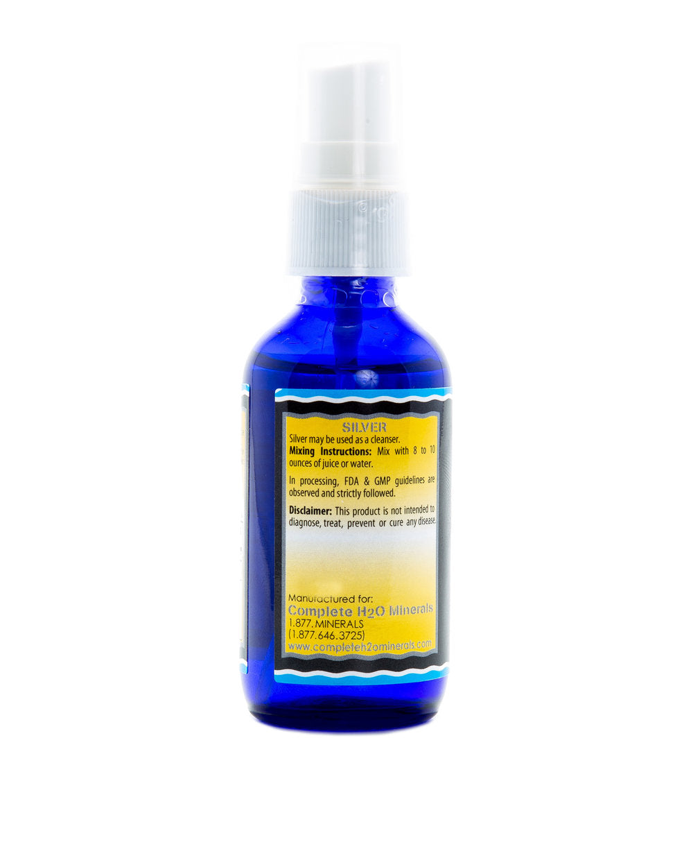 Blue spray bottle with a label on a white background