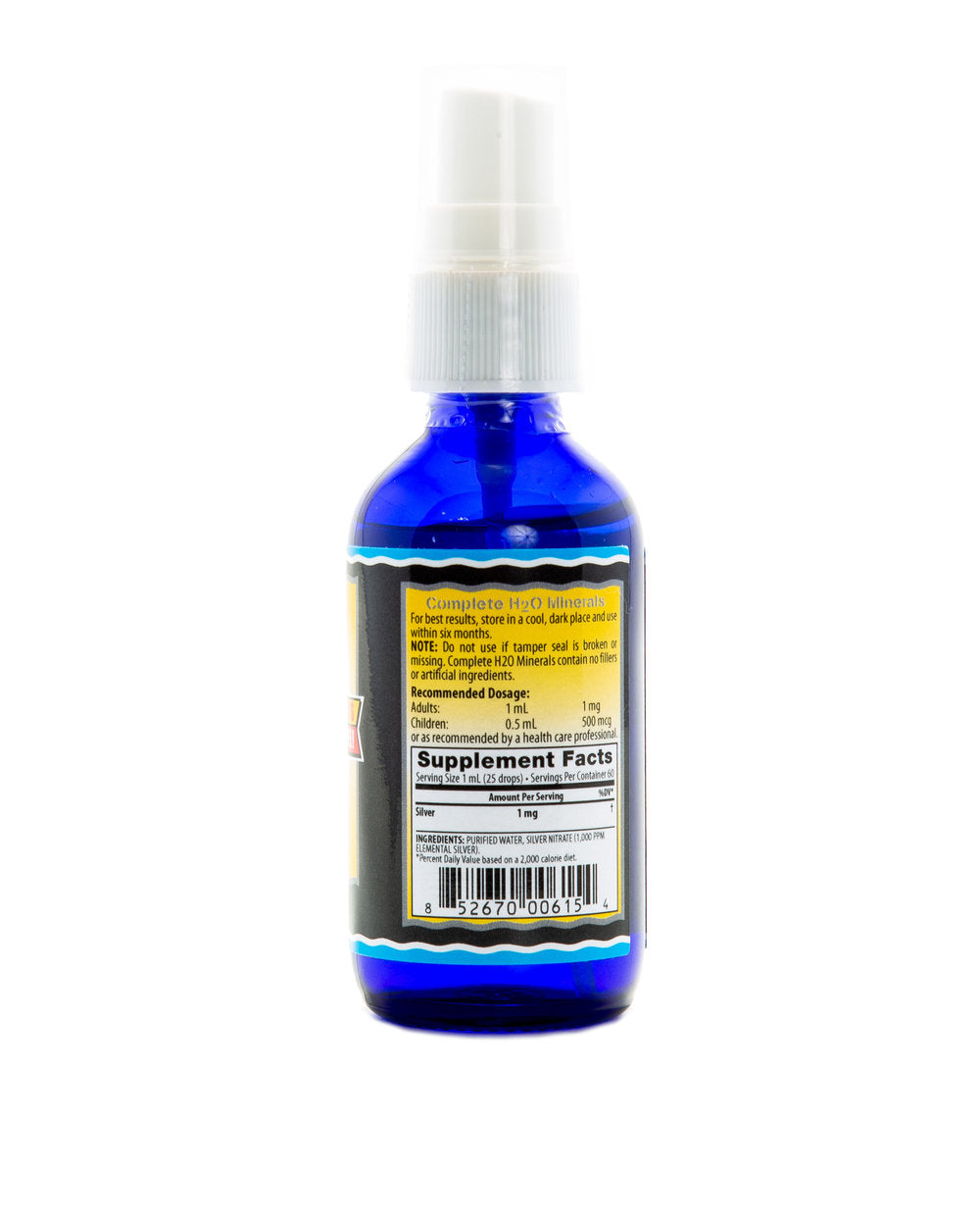 Blue bottle with a label on a white background
