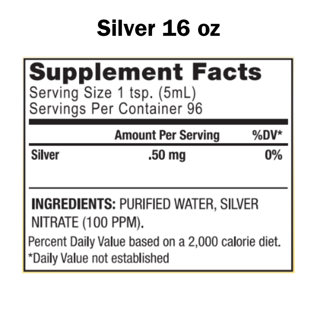 Supplement facts label for a product containing silver on a white background
