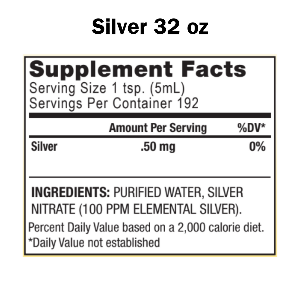 Supplement facts label for a product containing silver, with serving size, servings per container, and ingredient list.