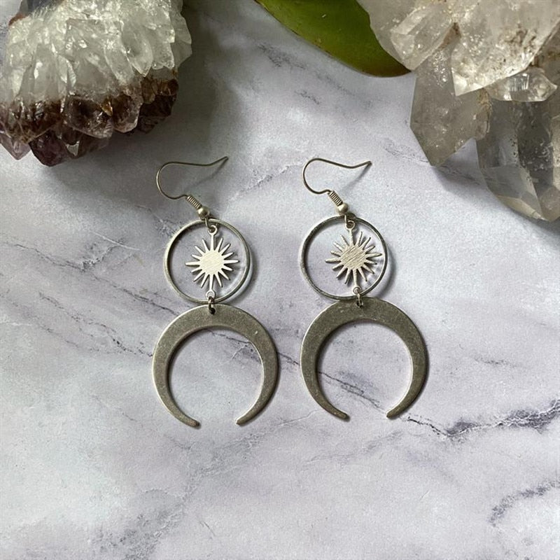 Druzy Crescent Moon Sun Earrings