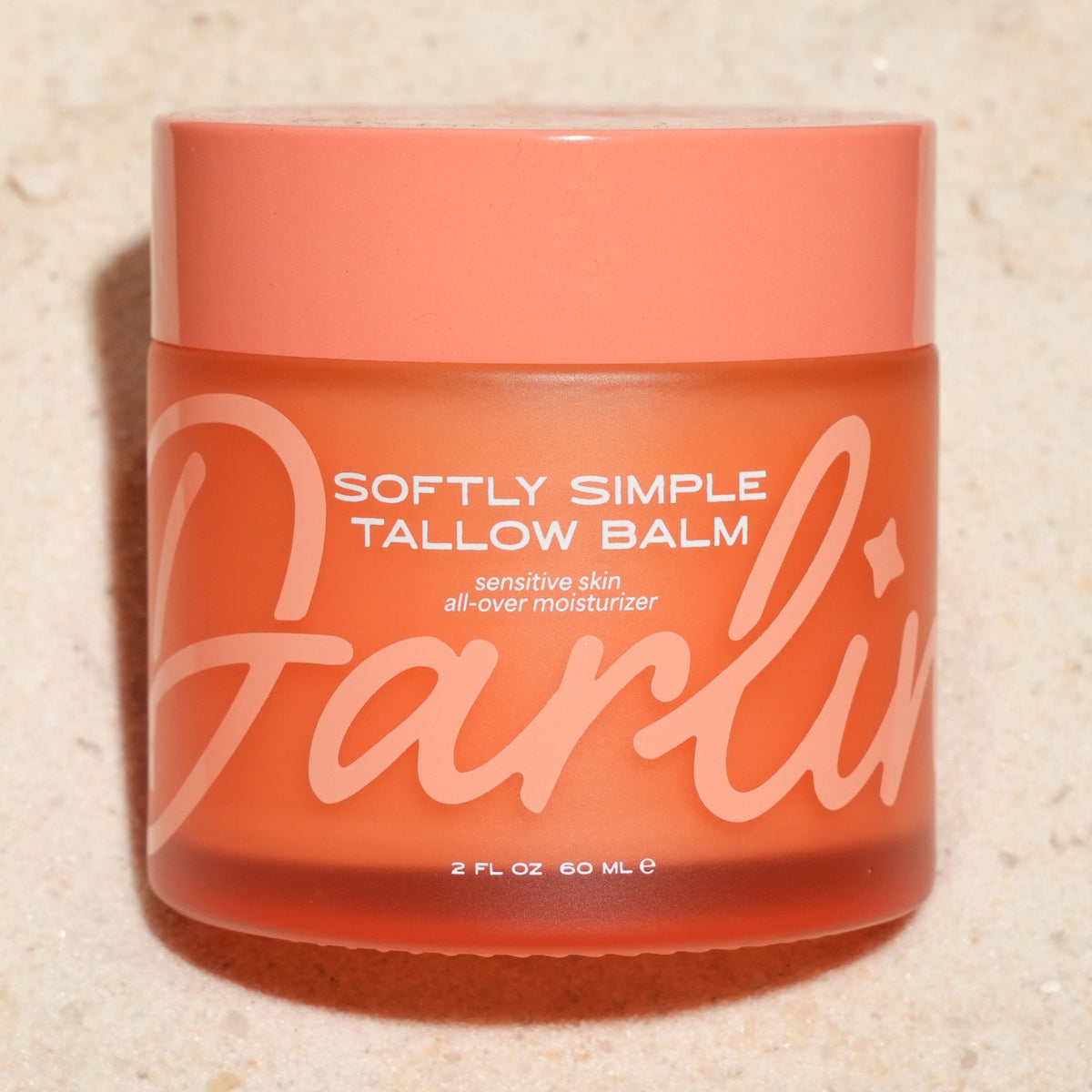 Softly Simple Tallow Balm 2 oz in frosted glass jar on natural sand background, fragrance-free grass-fed beef tallow moisturizer for sensitive skin, dry skin, eczema-prone skin, face and body balm, nourishing all-over moisturizer, clean non-toxic skincare, deep hydration, minimalist luxury skincare product, natural skin barrier support, organic-inspired tallow cream, gentle daily moisturizer for babies, kids and adults, unscented whipped tallow balm, healthy glowing skin