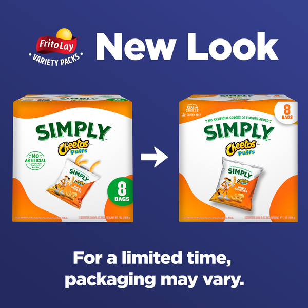 Frito-Lay Simply Cheetos packaging comparison on a blue background with 'New Look' text. Simply Cheetos White Cheddar Cheese Flavored Puffs 8 Pack | Gluten Free Snack Made with Real Cheese, No Artificial Colors or Flavors