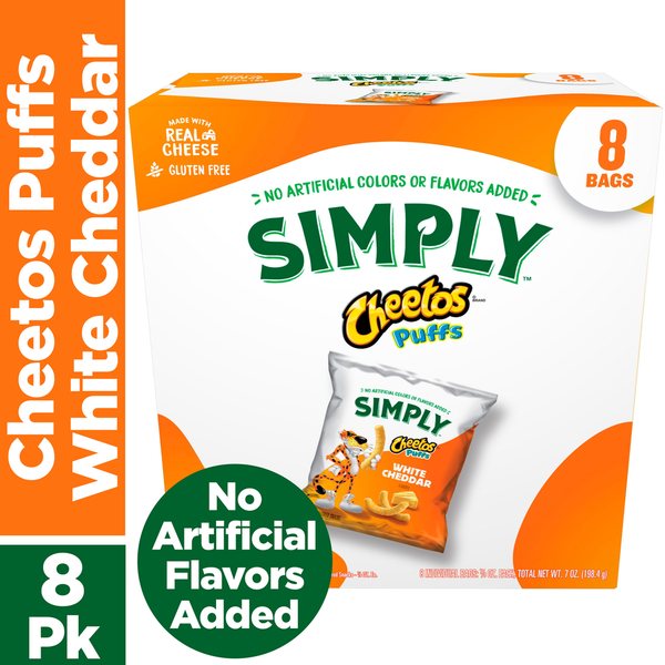 Box of Simply Cheetos Puffs White Cheddar flavor with packaging details. Simply Cheetos White Cheddar Cheese Flavored Puffs 8 Pack | Gluten Free Snack Made with Real Cheese, No Artificial Colors or Flavors