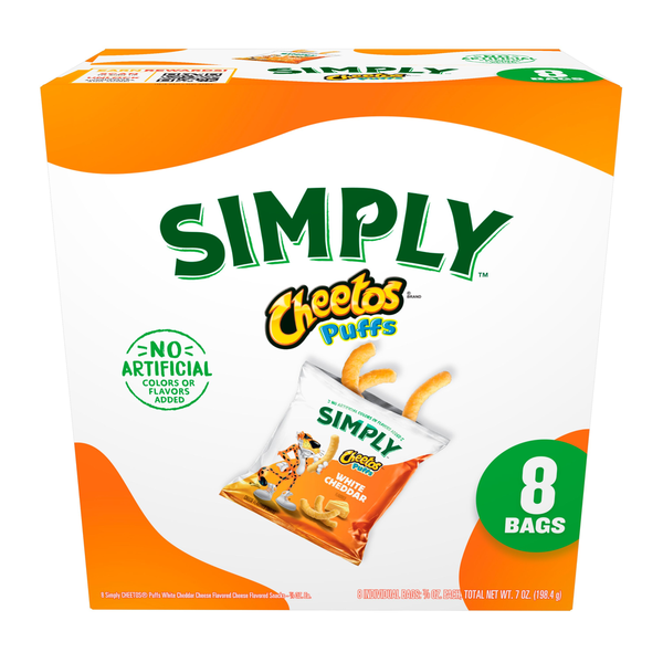 Box of Simply Cheetos Puffs with orange and white design. Simply Cheetos White Cheddar Cheese Flavored Puffs 8 Pack | Gluten Free Snack Made with Real Cheese, No Artificial Colors or Flavors