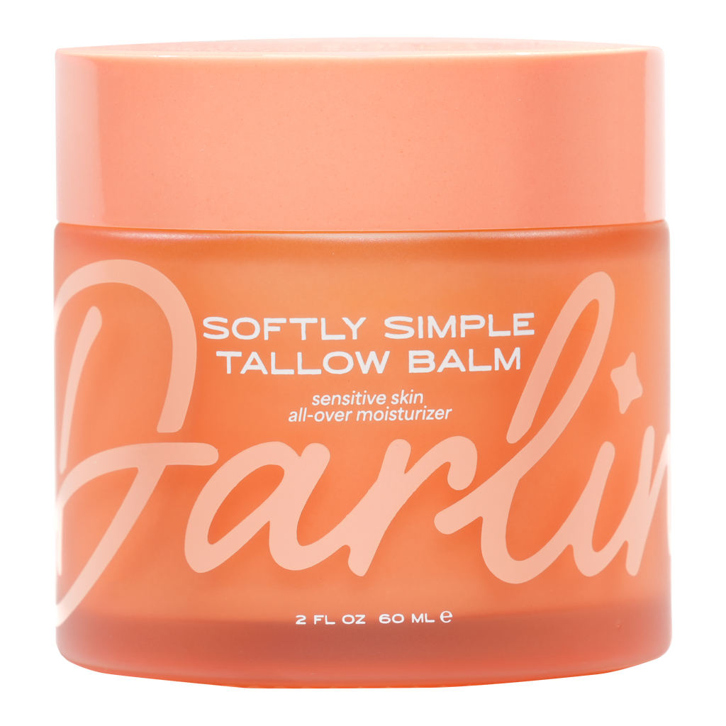 Softly Simple Tallow Balm 2 oz in frosted glass jar, fragrance-free grass-fed beef tallow moisturizer for sensitive, dry and irritated skin, natural face and body balm with transparent background, clean skincare product packaging, moisturizing tallow cream for eczema-prone skin and daily hydration