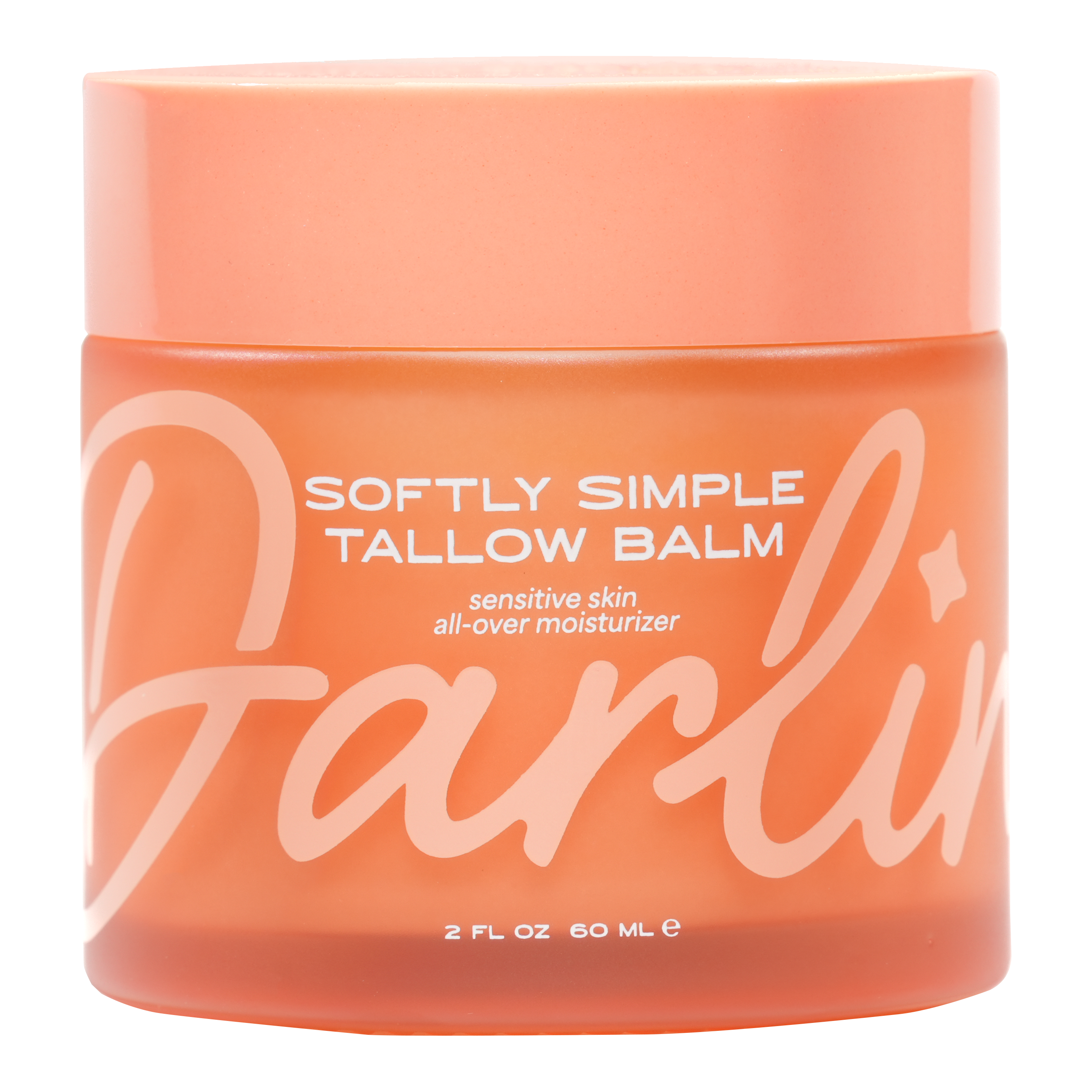 Softly Simple Tallow Balm 2 oz in frosted glass jar, fragrance-free grass-fed beef tallow moisturizer for sensitive, dry and irritated skin, natural face and body balm with transparent background, clean skincare product packaging, moisturizing tallow cream for eczema-prone skin and daily hydration