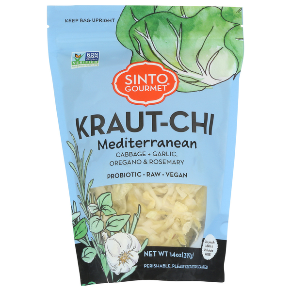Front view of Sinto Gourmet Kraut-Chi Mediterranean fermented sauerkraut and kimchi probiotic blend in a light blue stand-up pouch with cabbage, garlic, oregano, and rosemary illustrations. Vegan, raw, non-GMO product packaging with a clear window showing shredded fermented vegetables.