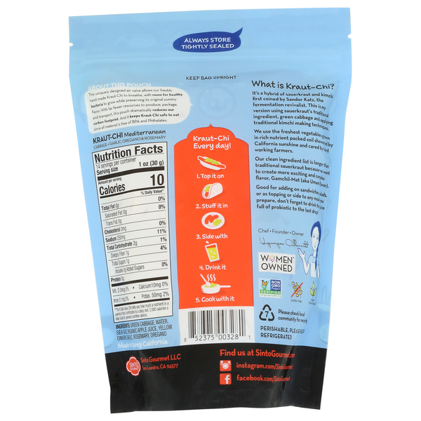 Back view of Sinto Gourmet Kraut-Chi Mediterranean Fermented Sauerkraut & Kimchi Probiotic Blend in a light blue stand-up pouch, displaying the Nutrition Facts panel, ingredients, usage suggestions, storage instructions, barcode, recycling information, and Sinto Gourmet branding on a white background.