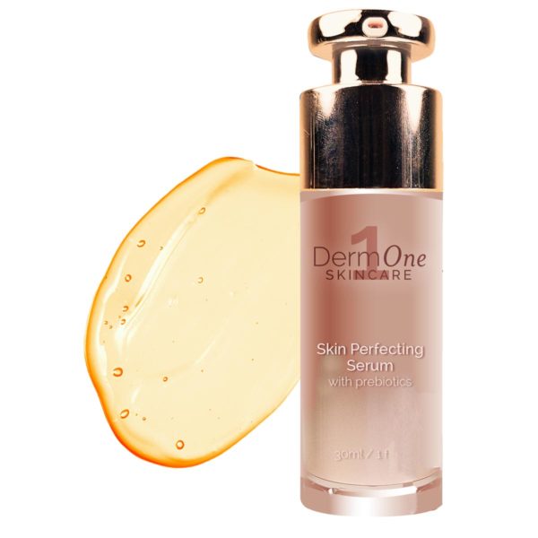 Derm #1 Skincare Skin Perfecting Serum with Prebiotics in 1 fl oz pump bottle for rosacea-prone and acne-prone skin, shown with a golden serum texture on a white background.