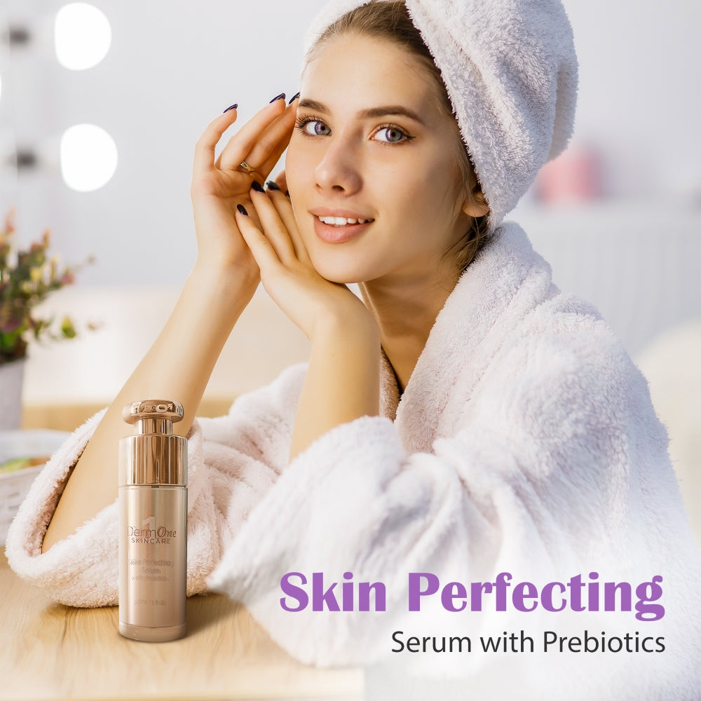 Smiling woman in a white spa robe and towel gently touching her face beside Derm #1 Skincare Skin Perfecting Serum with Prebiotics, promoting a hydrating facial serum for rosacea-prone, acne-prone, and sensitive skin.