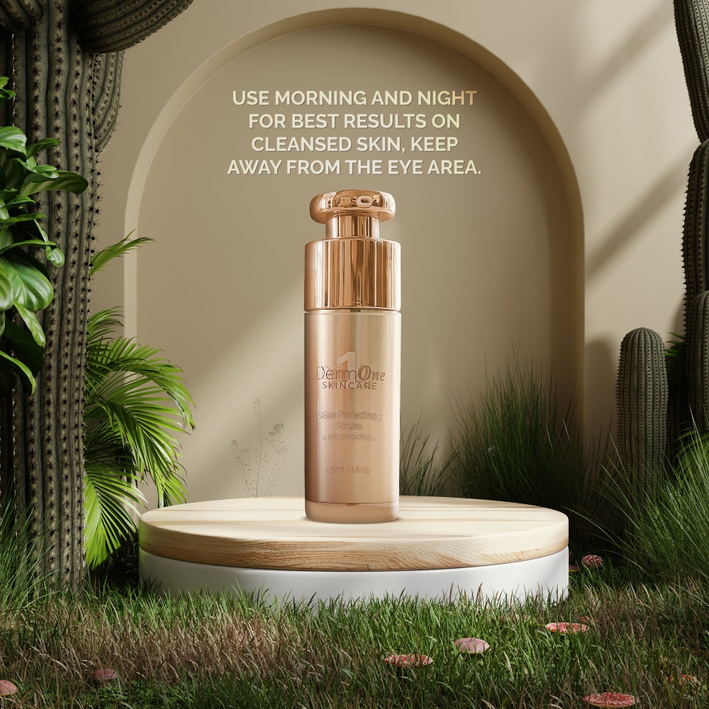 Derm #1 Skincare Skin Perfecting Serum 1 fl oz pump bottle displayed on a natural wood pedestal with the text "Use morning and night for best results on cleansed skin, keep away from the eye area," promoting a facial serum for rosacea-prone, acne-prone, and sensitive skin.