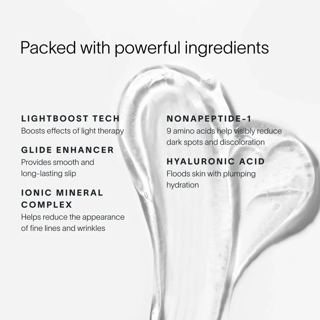 SolaWave 4-in-1 Red Light Therapy Wand LightBoost Activating Serum ingredients featuring nonapeptide-1, hyaluronic acid, ionic mineral complex, glide enhancer and LightBoost technology for hydrating, plumping, radiant-looking skin.