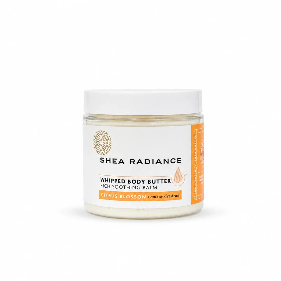 Shea Radiance Citrus Blossom Whipped Shea Body Butter with colloidal oatmeal, unrefined shea and cocoa butter for dry, sensitive and eczema-prone skin.
