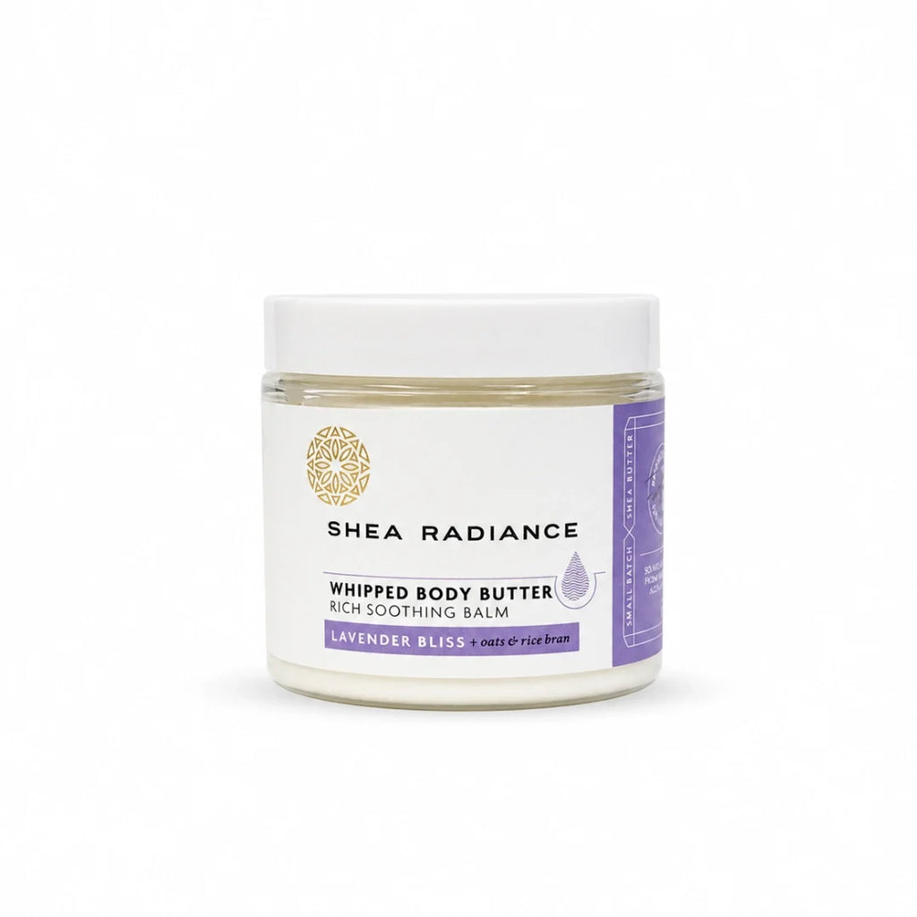 Shea Radiance Lavender Bliss Whipped Shea Body Butter with colloidal oatmeal, unrefined shea and cocoa butter for dry, sensitive and eczema-prone skin.