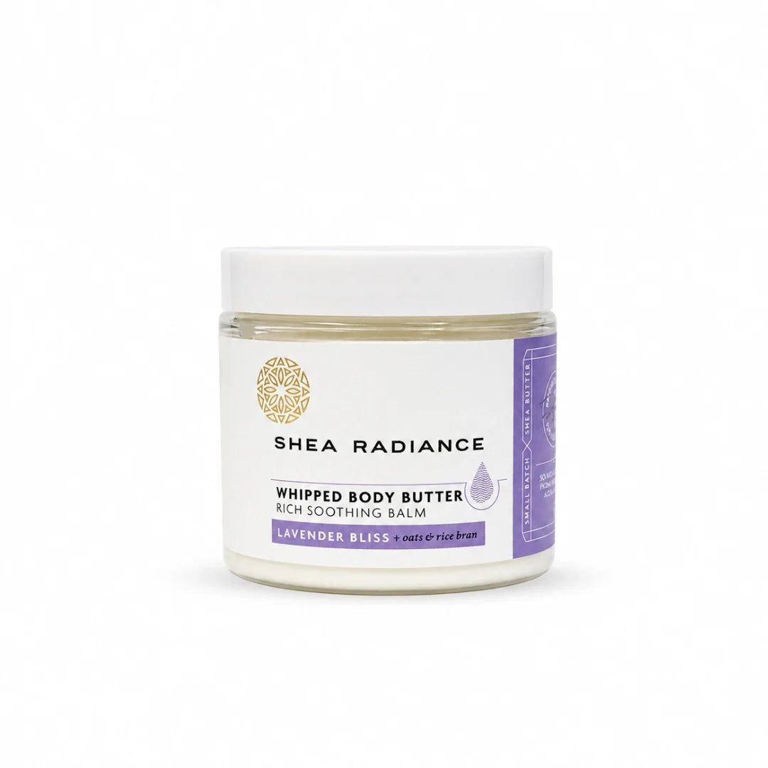 Shea Radiance Lavender Bliss Whipped Shea Body Butter with colloidal oatmeal, unrefined shea and cocoa butter for dry, sensitive and eczema-prone skin.